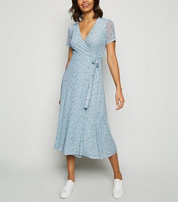 Blue Floral Mesh Midi Wrap Dress | New Look